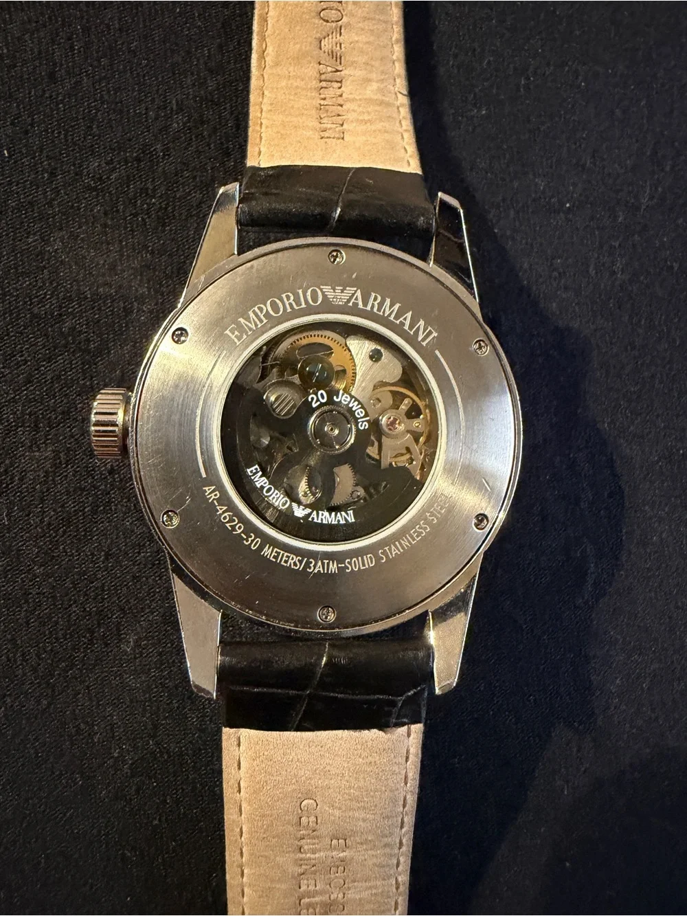 Emporio Armani AR4629 Automatic Skeleton Men’s Watch Black Leather Runs Great